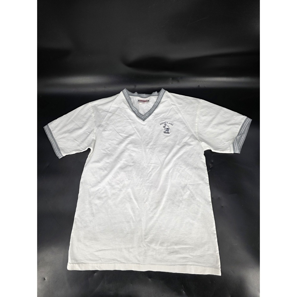 VTG Disneyland Shirt Adult M White/Gray V-Neck Mickey Mouse‎ Logo Short Sleeve